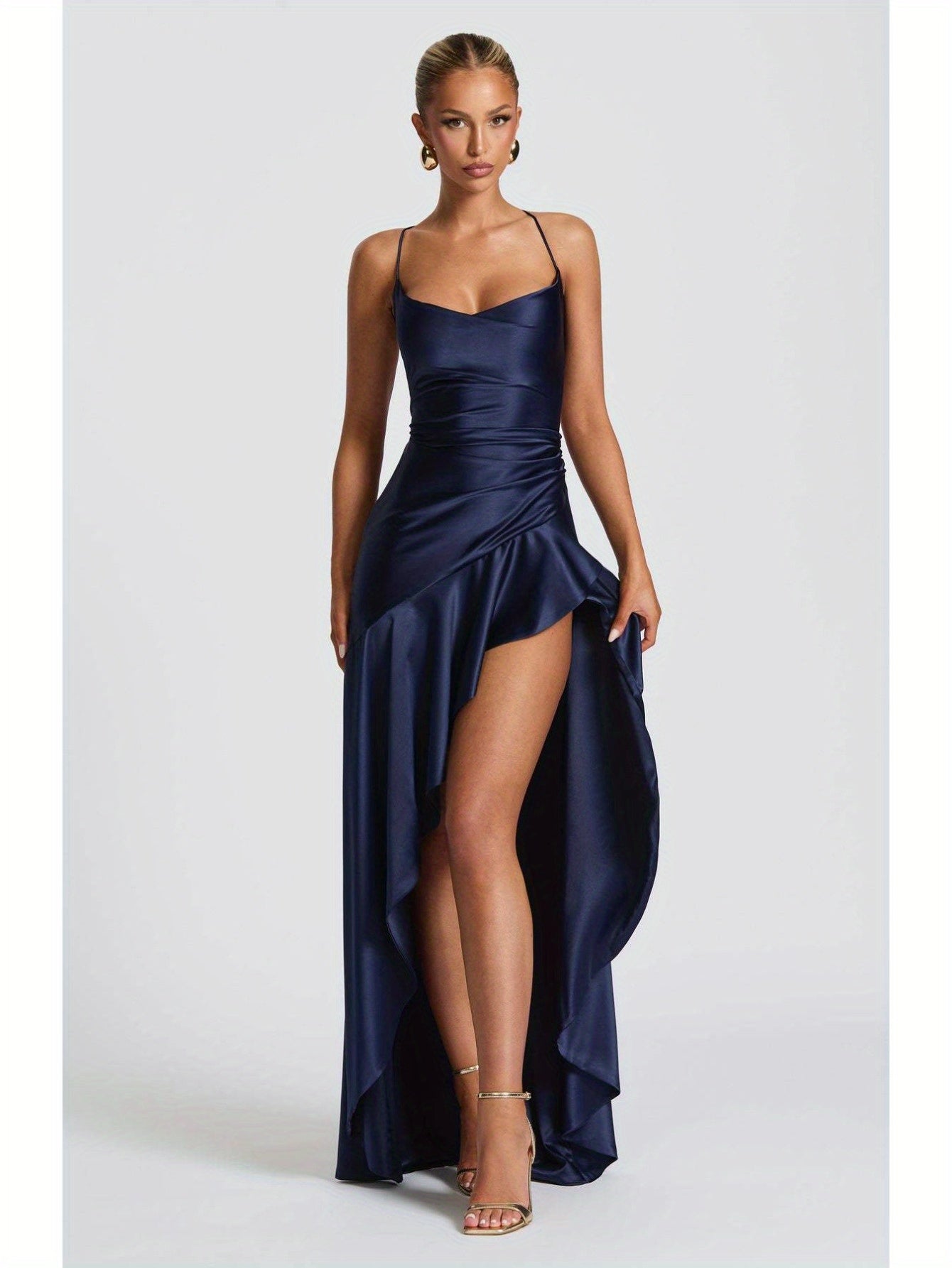 Elegant Black Bodycon Evening Gown with Asymmetrical Ruffle Hem and Spaghetti Straps - Backless V-Neck Long Formal Dress for Weddings, Special Occasions, Bridesmaid Parties, and Holiday Celebrations, Wedding Guest Attire | Asymmetrical Hemline | Ruched De