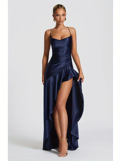 Elegant Black Bodycon Evening Gown with Asymmetrical Ruffle Hem and Spaghetti Straps - Backless V-Neck Long Formal Dress for Weddings, Special Occasions, Bridesmaid Parties, and Holiday Celebrations, Wedding Guest Attire | Asymmetrical Hemline | Ruched De