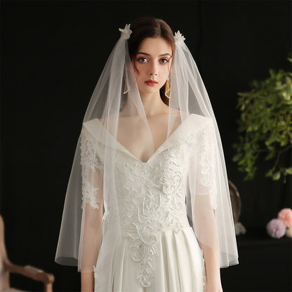 Elegant White Tulle Bridal Veil for Women - V-Neck with Floral Applique, Long Sleeve, Perfect for Weddings and Formal Events, Wedding Dress Accessory, Sophisticated Craftsmanship