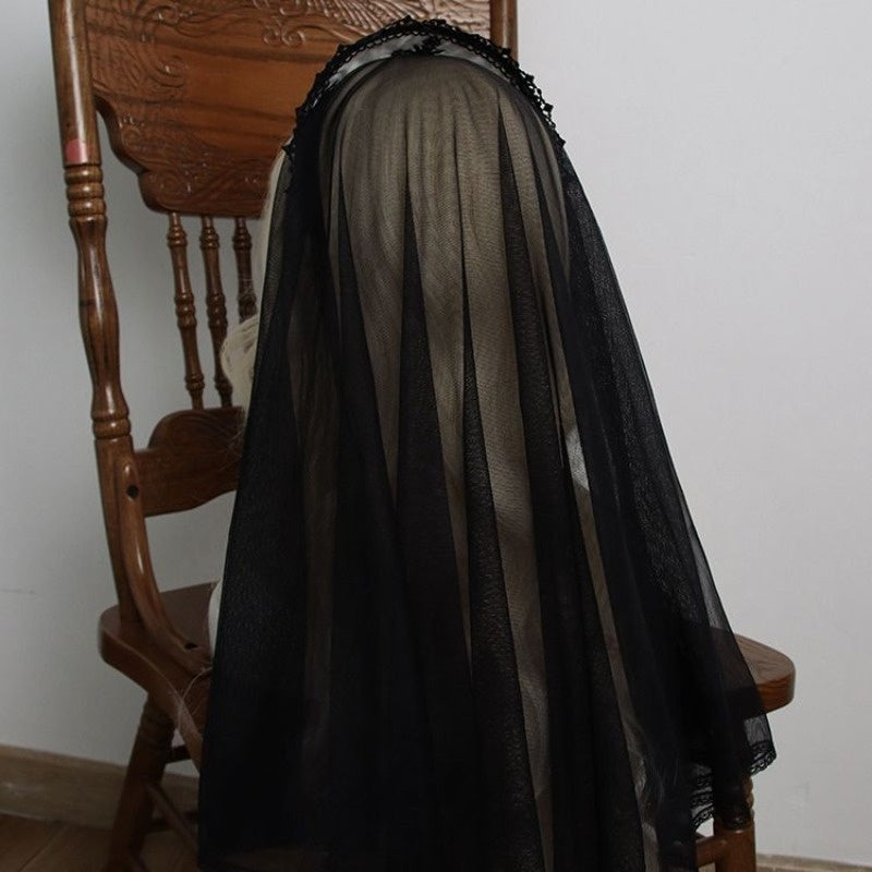 Handmade Original Dark Night Virgin Church Cross Embroidered Rhinestone Shawl Veil