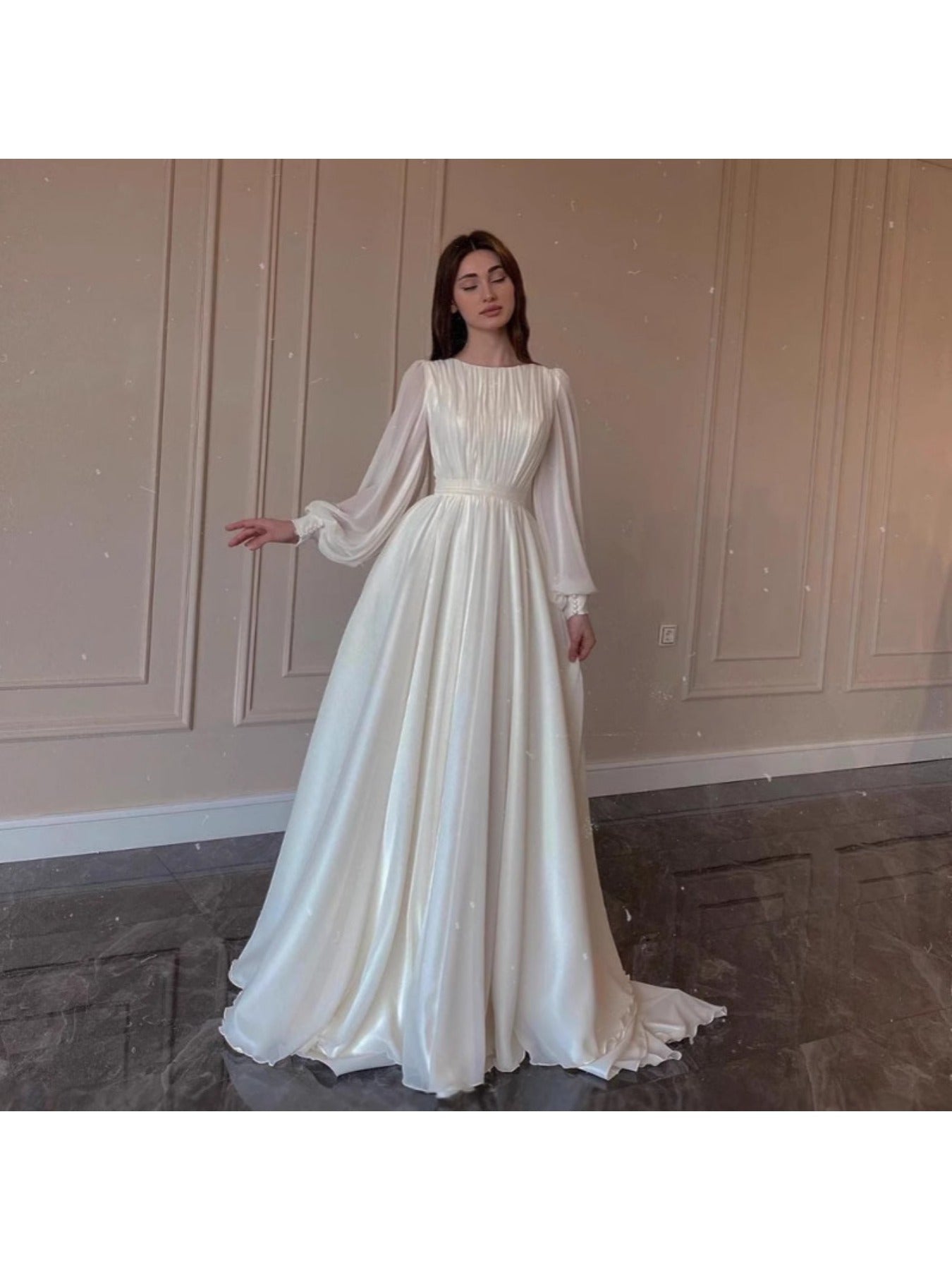 Elegant Wedding Dress Elegant White Satin Wedding Dress with Beaded Detail | Lantern Sleeves, Round Neck, Flowing Train - Perfect for Weddings and Formal Events, Wedding Dresses for Bride