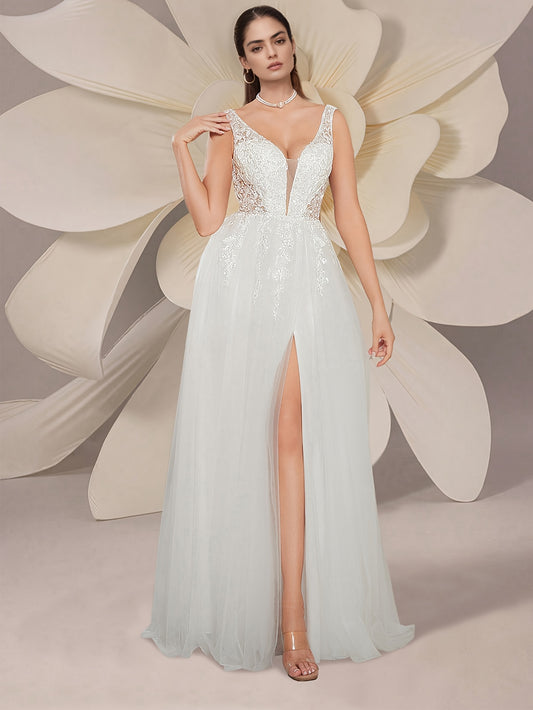 Bride's Wedding Dress sleeveless Collar Butterfly Sequin Embroidery Decal A-line Wedding Dress