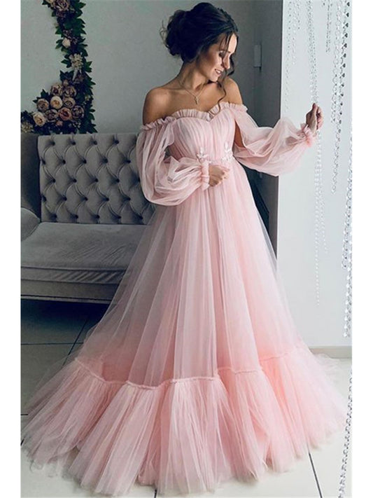 2025 New European and American Style Women's Fashion Off-Shoulder Mesh Long Sleeve Wedding Dress with Large Hem New Style