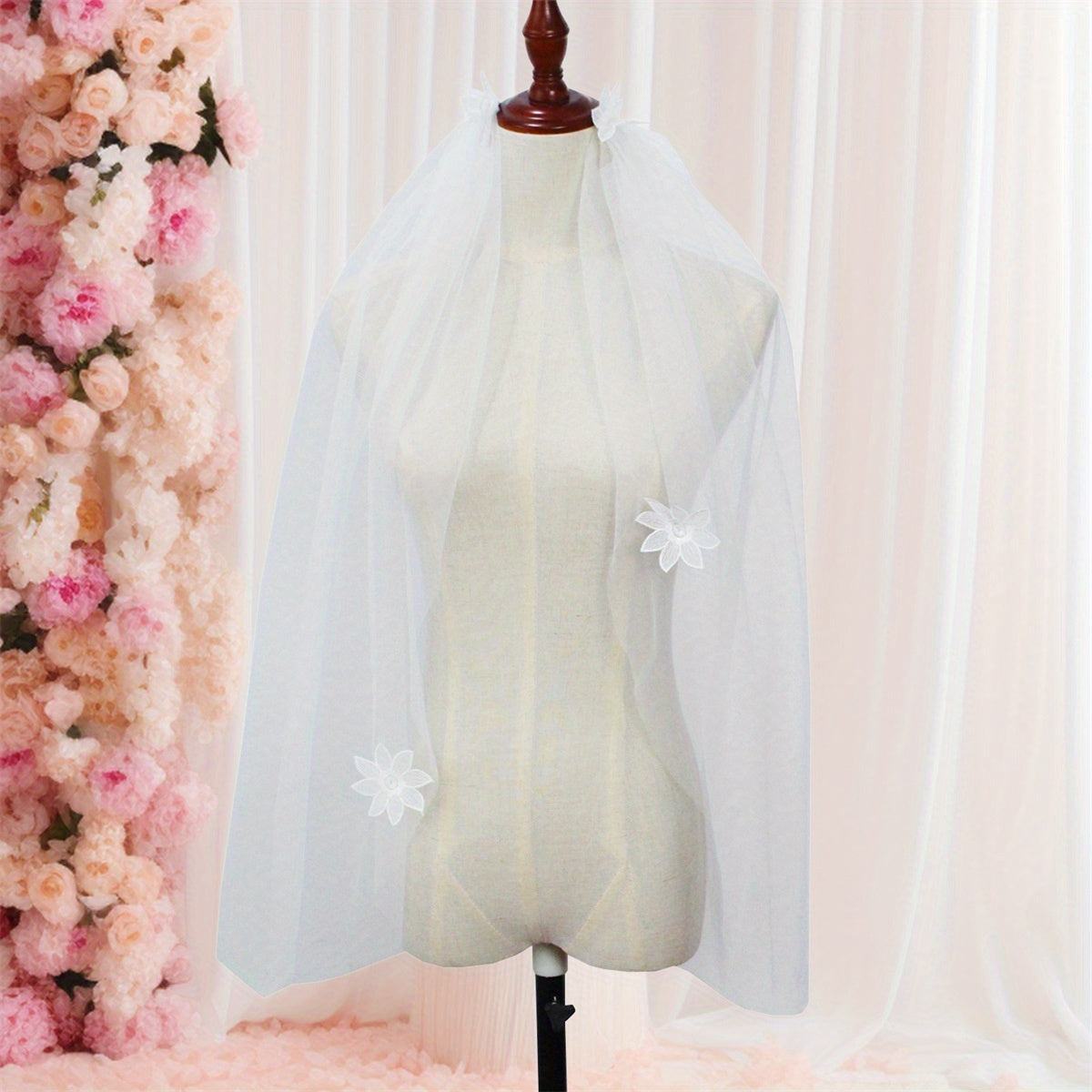 Elegant White Tulle Bridal Veil for Women - V-Neck with Floral Applique, Long Sleeve, Perfect for Weddings and Formal Events, Wedding Dress Accessory, Sophisticated Craftsmanship