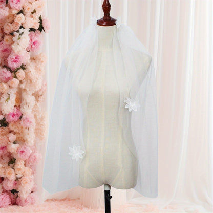 Elegant White Tulle Bridal Veil for Women - V-Neck with Floral Applique, Long Sleeve, Perfect for Weddings and Formal Events, Wedding Dress Accessory, Sophisticated Craftsmanship