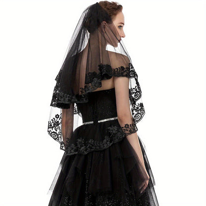 PAMOR Black Lace Cathedral Tulle Veil with Hand- Sewn Metal Comb - Elegant Sheer Bridal Veil for Weddings, Halloween, and Formal Events, Polyester and Spandex Blend, Wedding Veil | Elegant Veil | Intricate Lace Detailing, Wedding Dresses for Bride