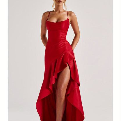 Elegant Black Bodycon Evening Gown with Asymmetrical Ruffle Hem and Spaghetti Straps - Backless V-Neck Long Formal Dress for Weddings, Special Occasions, Bridesmaid Parties, and Holiday Celebrations, Wedding Guest Attire | Asymmetrical Hemline | Ruched De