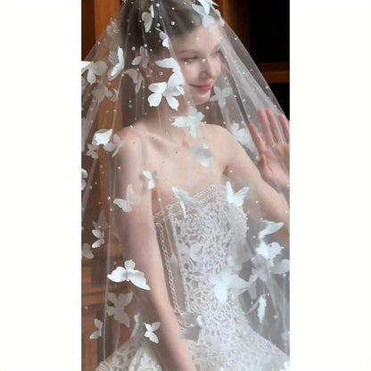 Elegant White Butterfly Lace Bridal Veil with Pearl Embellishments - Long Train Cathedral Wedding Gown for Brides, Bohemian Forest Luxury Bridal Accessories, Wedding Dresses for Bride, Sophisticated Craftsmanship