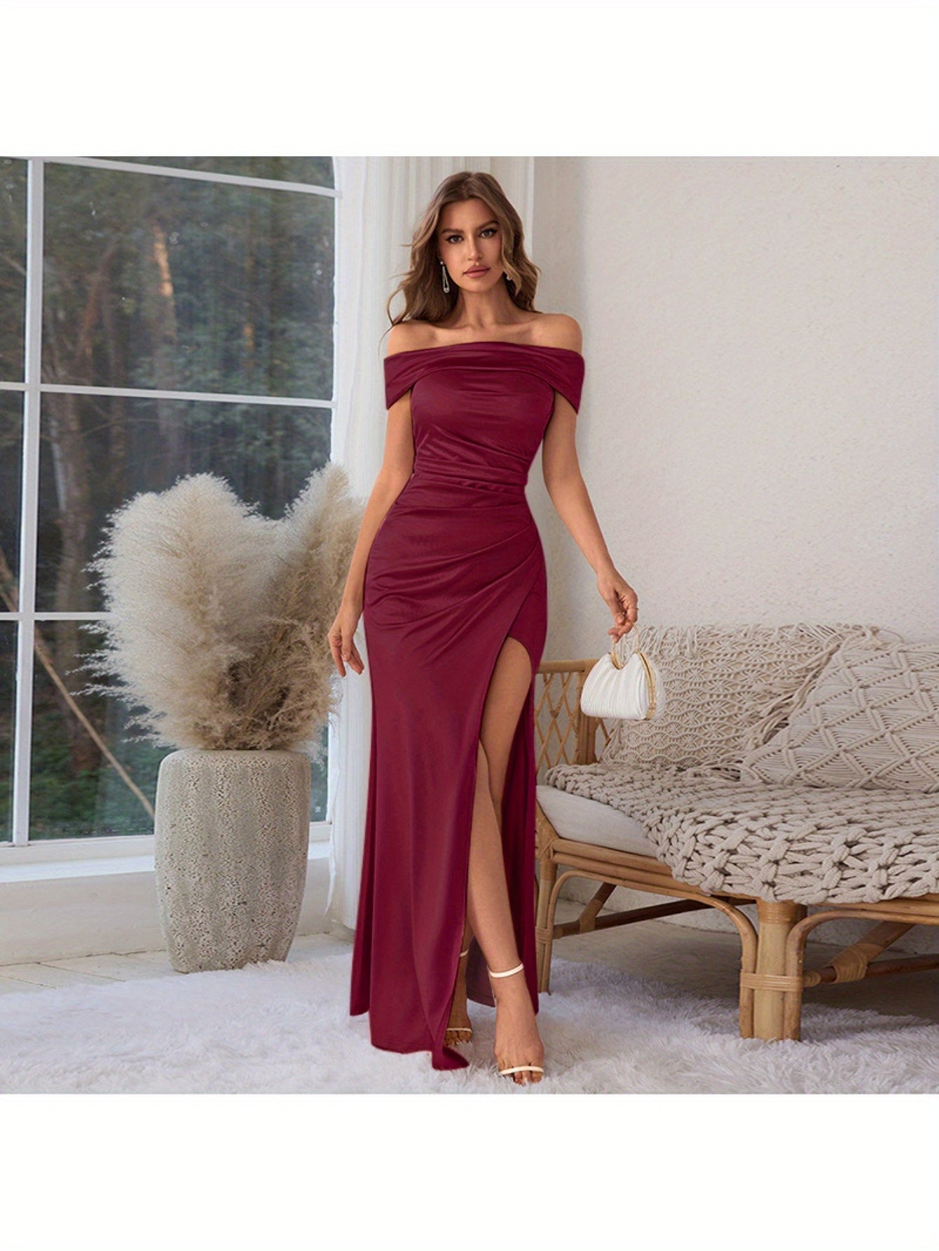 Elegant Off-Shoulder Red Gown Elegant Off-Shoulder Red Gown with High Slit - Sleeveless, Form-Fitting, Perfect for Weddings, Parties, and Formal Events, Formal Event Attire|Sleek Fitted Gown|Asymmetrical Neckline, Dress