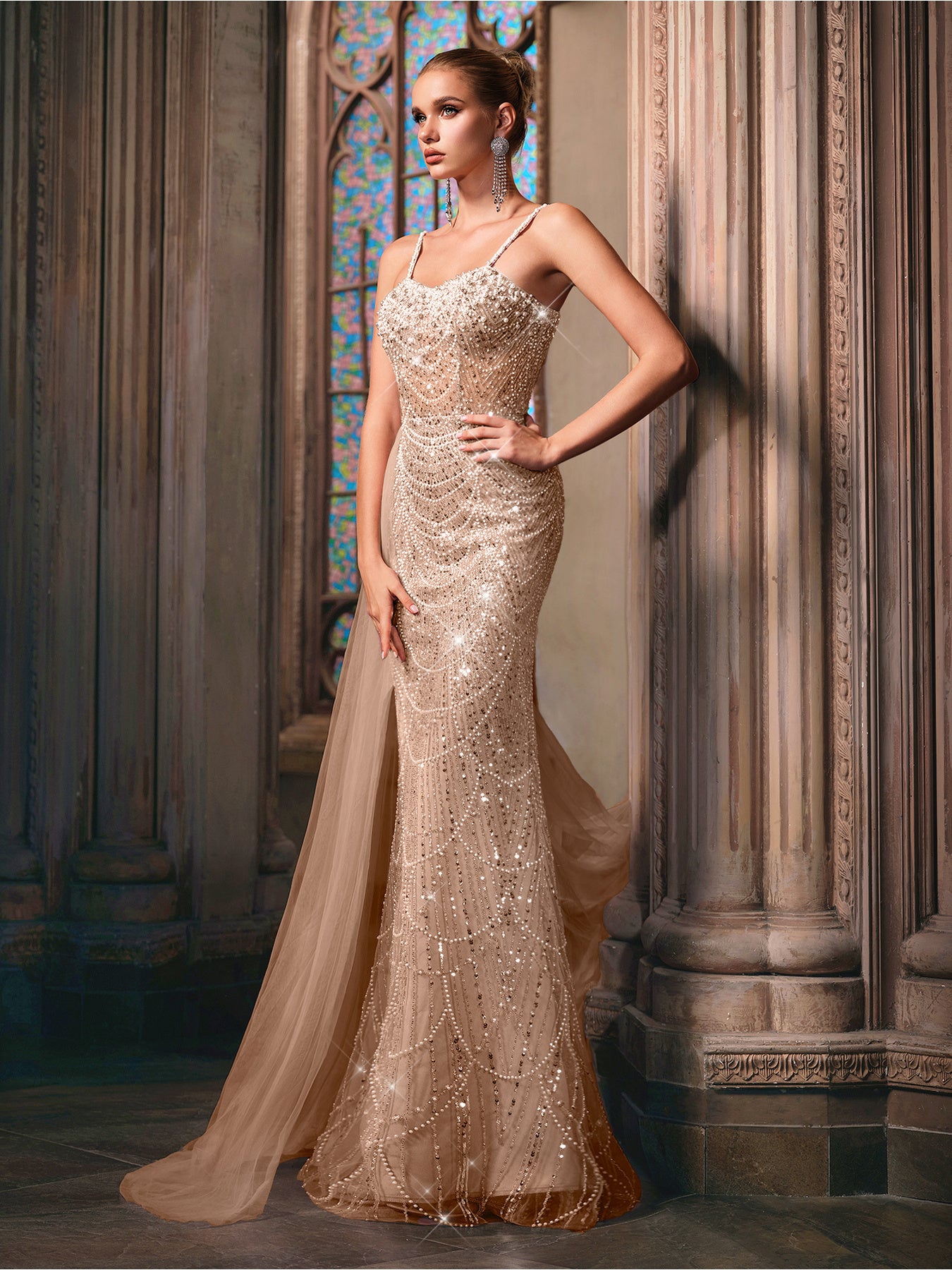 QOQ Elegant Beige Mermaid Evening Gown with Sparkling Beadwork & Train - Sleeveless, Bodycon Design for Weddings, Prom, Parties, Formal Events, Wedding Guest Attire, Sophisticated Craftsmanship