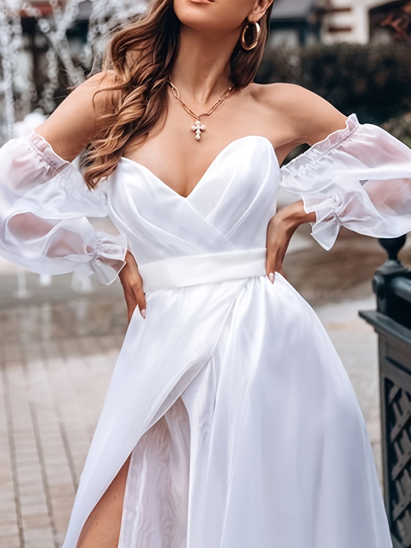 Elegant Evening Gown Elegant Sexy Off-Shoulder Evening Gown for Women | V-Neck, Long Sleeve, Waist Cinching, Flowing Design, Solid Color, Perfect for Formal Events