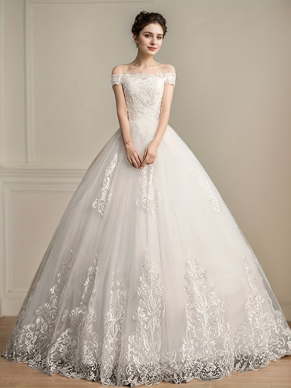 Ladies' Light Luxury Off-Shoulder Wedding Dress, Elegant Party Wear with Contrast Lace Embroidery for a Graceful and Look