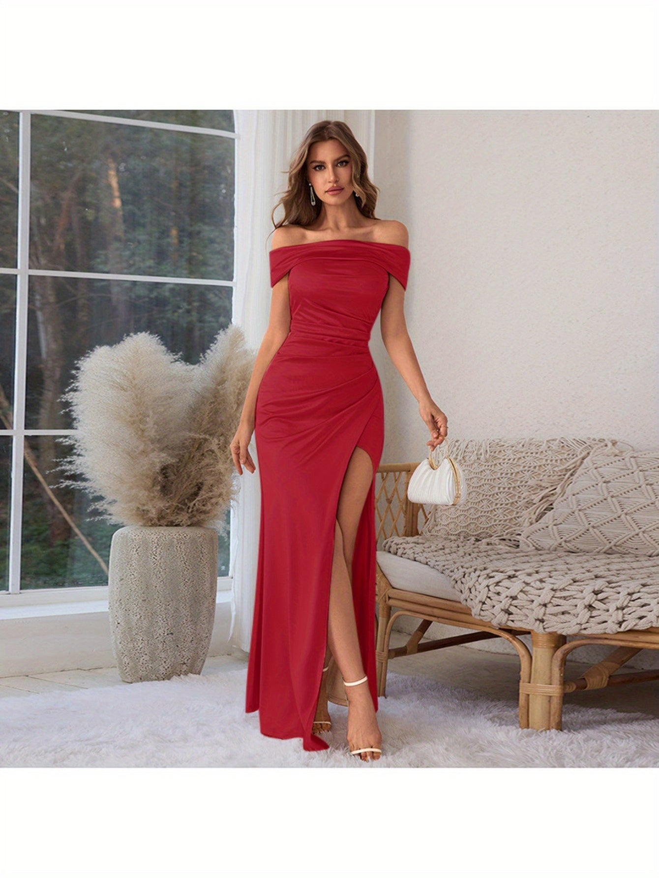 Elegant Off-Shoulder Red Gown Elegant Off-Shoulder Red Gown with High Slit - Sleeveless, Form-Fitting, Perfect for Weddings, Parties, and Formal Events, Formal Event Attire|Sleek Fitted Gown|Asymmetrical Neckline, Dress