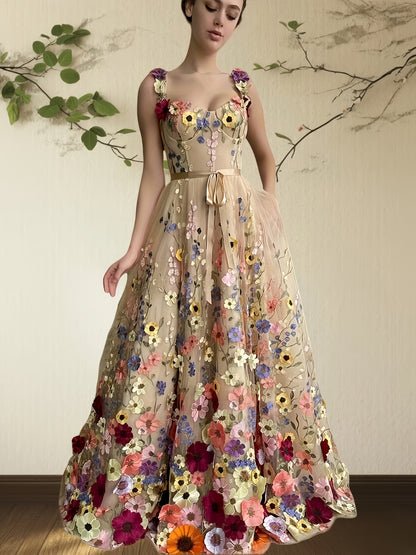Elegant Floral Dress Elegant and Fashionable Floral Embroidery Belted Dress, Romantic Formal Dress