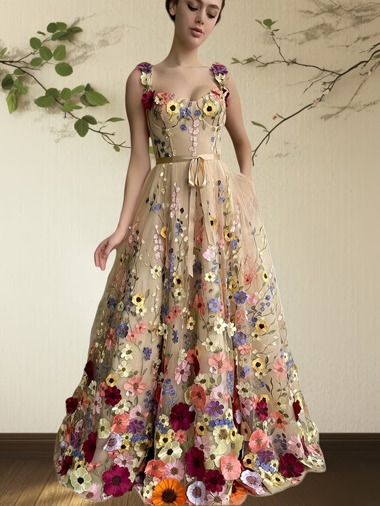 Elegant Floral Dress Elegant and Fashionable Floral Embroidery Belted Dress, Romantic Formal Dress
