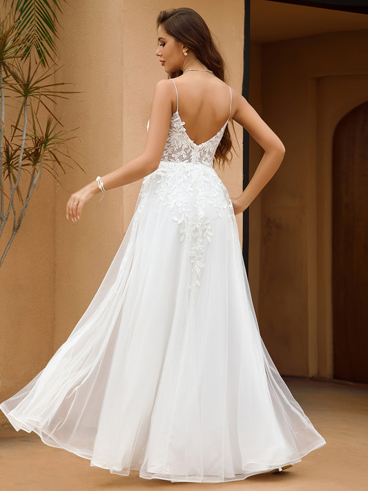 Elegant Backless Wedding Dress Elegant Backless Wedding Dress with Delicate Embellishments - Women's Formal Party Gown for Bridal, Prom, Galas, Year-Round Formal Attire, Evening Gown, Spaghetti Strap, Flowy Train, Non-Stretchy Fabric