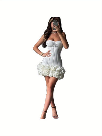 Women's Elegant 3D Handmade Floral Bandage Corset Mermaid\u002FTrumpet Mini Dress with Ruffled Hem & Long Sleeve\u002FStrapless Neckline - Structured Bustier Gown for Red Carpet, Cocktail Parties, Bridal Events - Spring\u002FAutumn Formal Evening Dress in