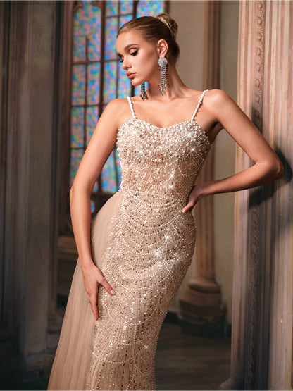 QOQ Elegant Beige Mermaid Evening Gown with Sparkling Beadwork & Train - Sleeveless, Bodycon Design for Weddings, Prom, Parties, Formal Events, Wedding Guest Attire, Sophisticated Craftsmanship