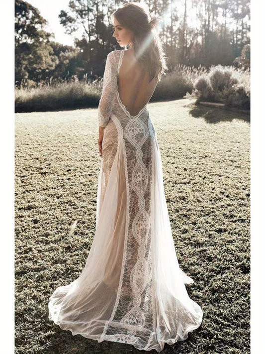 2025 European & American Women's Sexy Elegant Backless Lace Wedding Dress - Round Neck Long Sleeve A-Line Silhouette with Vertical Pleats, Machine Washable Bridal Gown for Weddings & Formal Events