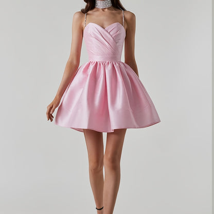 Elegant Off-Shoulder Ball Gown Elegant Pink Satin Off-Shoulder V-Neck Ball Gown for Women - Ruched Tulle Dress with Belt, Perfect for Prom Night & Special Occasions, Formal Evening Wear | Vneck Dress | Satin Finish, Cute Dresses