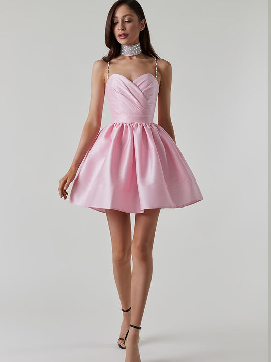 Elegant Off-Shoulder Ball Gown Elegant Pink Satin Off-Shoulder V-Neck Ball Gown for Women - Ruched Tulle Dress with Belt, Perfect for Prom Night & Special Occasions, Formal Evening Wear | Vneck Dress | Satin Finish, Cute Dresses
