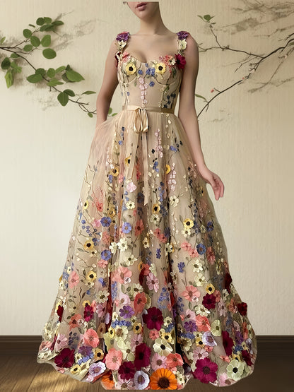 Elegant Floral Dress Elegant and Fashionable Floral Embroidery Belted Dress, Romantic Formal Dress
