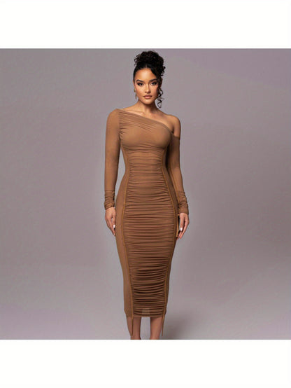 Asymmetric Neckline Diagonal Neckline Long Sleeve High Waist Empire Waist Mesh Overlay Tulle Dress Bridesmaid Dress Date Night Dress Elegance Sophistication Sexy Alluring Intelligent Refined Polished Office Wear Work Attire Fall Winter Wedding Guests
