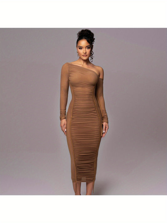 Asymmetric Neckline Diagonal Neckline Long Sleeve High Waist Empire Waist Mesh Overlay Tulle Dress Bridesmaid Dress Date Night Dress Elegance Sophistication Sexy Alluring Intelligent Refined Polished Office Wear Work Attire Fall Winter Wedding Guests