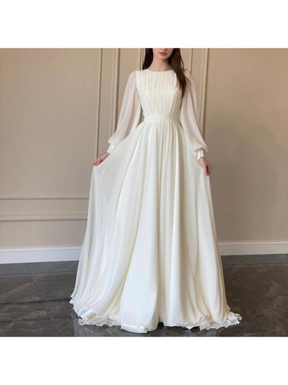 Elegant Wedding Dress Elegant White Satin Wedding Dress with Beaded Detail | Lantern Sleeves, Round Neck, Flowing Train - Perfect for Weddings and Formal Events, Wedding Dresses for Bride