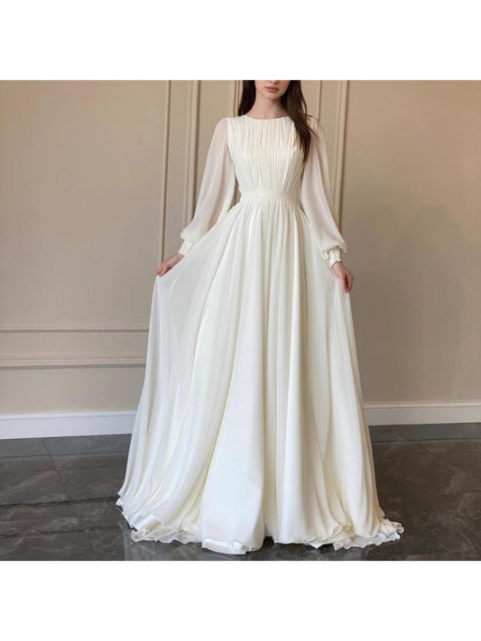Elegant Wedding Dress Elegant White Satin Wedding Dress with Beaded Detail | Lantern Sleeves, Round Neck, Flowing Train - Perfect for Weddings and Formal Events, Wedding Dresses for Bride