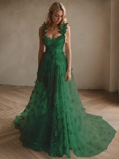 Women'S Elegant Off-Shoulder\u002FOne-Shoulder Lace Trimmed Evening Gown - Floor-Length Formal Wedding Dress with Butterfly Pattern, A-Line Silhouette & Convertible Train, All-Season Wear for Beach Balls, Galas, Prom, Birthdays - Timeless Silhouette in Em