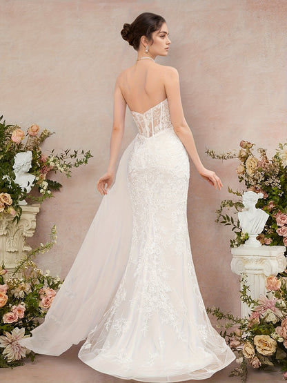 Candyce Lea Heart-Shaped Strapless Sequin Embroidered Wedding Dress with High-Low Hem & Train - Elegant Long Formal Gown for Weddings, Galas, Proms, Wedding Dresses for Bride, Wedding Guest Attire, Sophisticated Craftsmanship