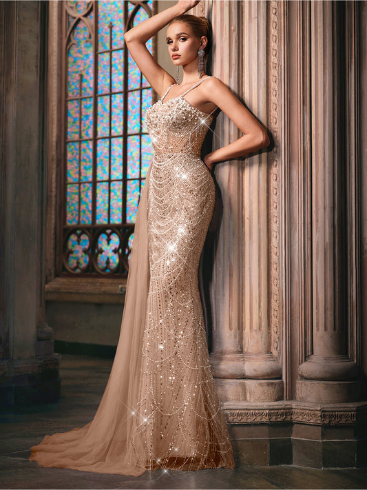 QOQ Elegant Beige Mermaid Evening Gown with Sparkling Beadwork & Train - Sleeveless, Bodycon Design for Weddings, Prom, Parties, Formal Events, Wedding Guest Attire, Sophisticated Craftsmanship