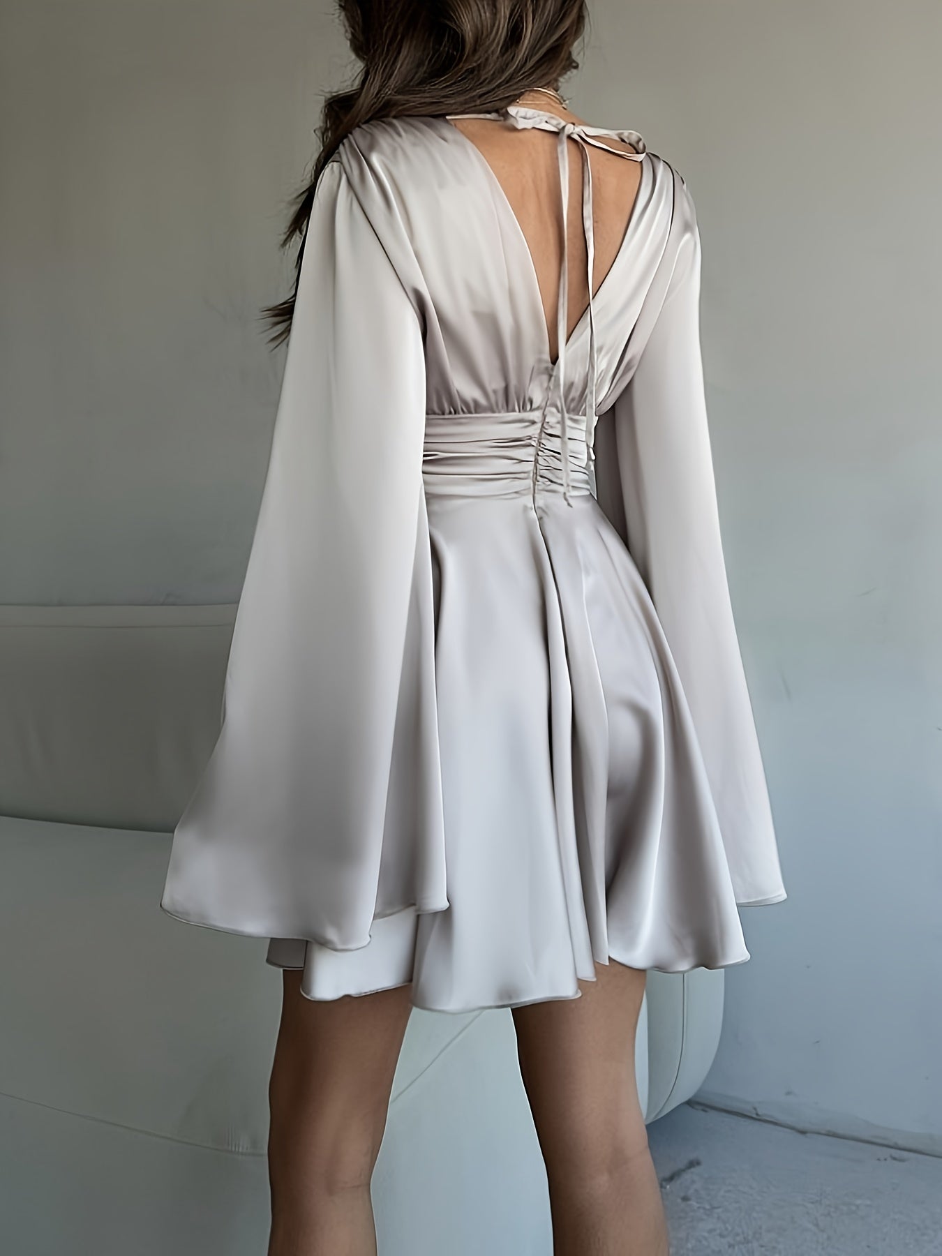 French Satin Bell Sleeve Mini Dress Deep V Neck Cocktail Dress Adjustable Waist Tie 4Season Party Wear for Galas Weddings Date Nights Cocktail Parties Wedding Receptions Anniversary Dinners Holiday Galas Romantic Dates Red CarpetsModern RetroElegance, Ele