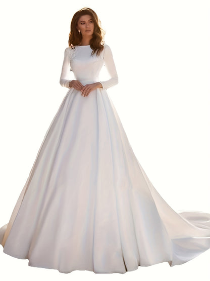 Women's Elegant Off-the-Shoulder Wedding Dress - Formal event gown with flowing train, Luxurious Bridal attire for Wedding, Gala, Prom - Elegant Bride's Dress, Evening Gown, Graceful Design, Delicate Detailing, Statement Piece, Special Occasion Wear
