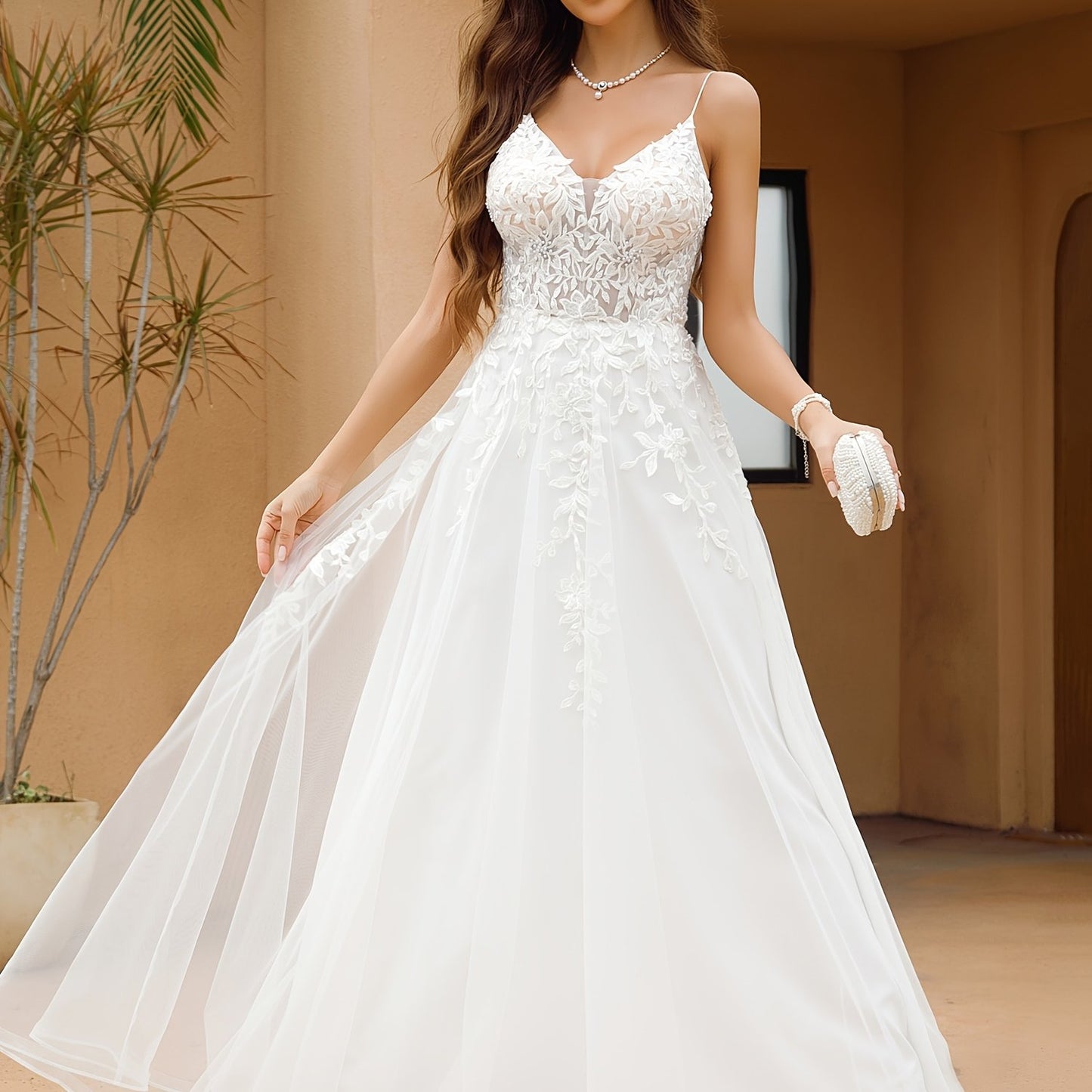 Elegant Backless Wedding Dress Elegant Backless Wedding Dress with Delicate Embellishments - Women's Formal Party Gown for Bridal, Prom, Galas, Year-Round Formal Attire, Evening Gown, Spaghetti Strap, Flowy Train, Non-Stretchy Fabric