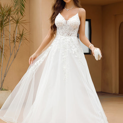 Elegant Backless Wedding Dress Elegant Backless Wedding Dress with Delicate Embellishments - Women's Formal Party Gown for Bridal, Prom, Galas, Year-Round Formal Attire, Evening Gown, Spaghetti Strap, Flowy Train, Non-Stretchy Fabric