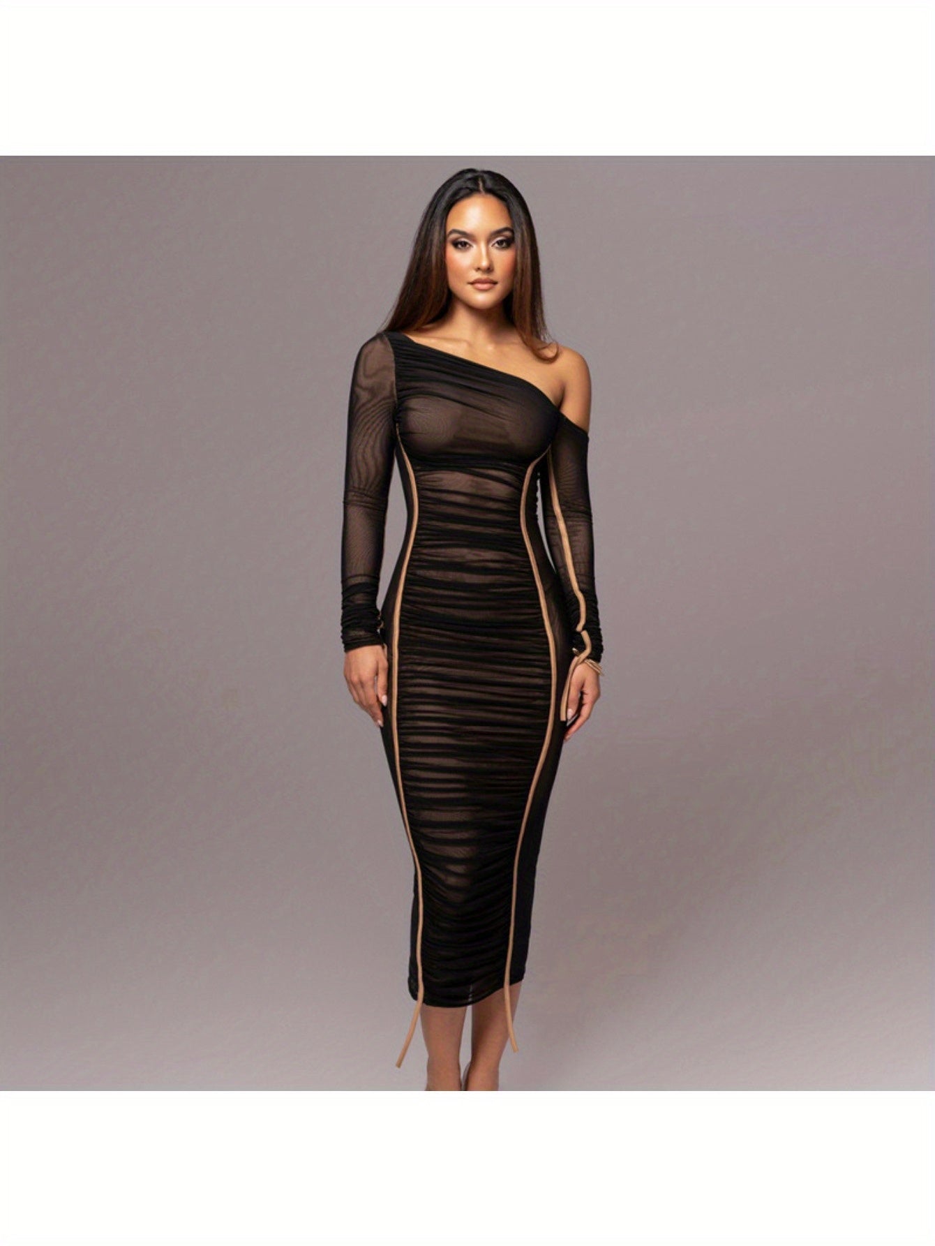 Asymmetric Neckline Diagonal Neckline Long Sleeve High Waist Empire Waist Mesh Overlay Tulle Dress Bridesmaid Dress Date Night Dress Elegance Sophistication Sexy Alluring Intelligent Refined Polished Office Wear Work Attire Fall Winter Wedding Guests