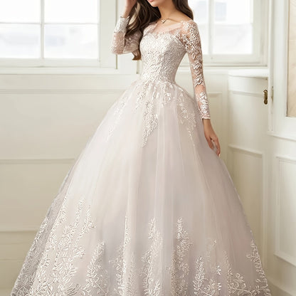 One-Piece Women's Off-Shoulder Light Luxury A-Line Wedding Dress, Fine Contrast Lace Embroidery, Elegant and Graceful Party Wear