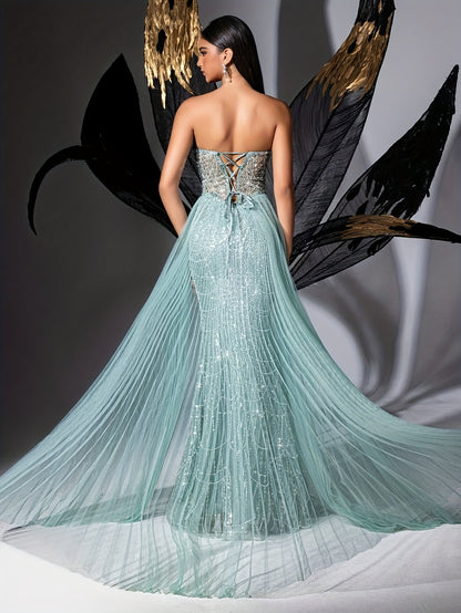 QOQ Women'S Bandeau Beaded Mesh Stitched Dress Mint Green Back Lace Zipper Hip High Slit Ladies Bridesmaid Dress Prom Dress