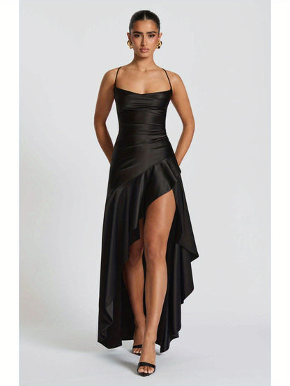 Elegant Black Bodycon Evening Gown with Asymmetrical Ruffle Hem and Spaghetti Straps - Backless V-Neck Long Formal Dress for Weddings, Special Occasions, Bridesmaid Parties, and Holiday Celebrations, Wedding Guest Attire | Asymmetrical Hemline | Ruched De