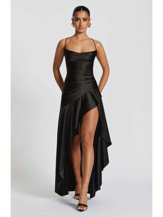 Elegant Black Bodycon Evening Gown with Asymmetrical Ruffle Hem and Spaghetti Straps - Backless V-Neck Long Formal Dress for Weddings, Special Occasions, Bridesmaid Parties, and Holiday Celebrations, Wedding Guest Attire | Asymmetrical Hemline | Ruched De