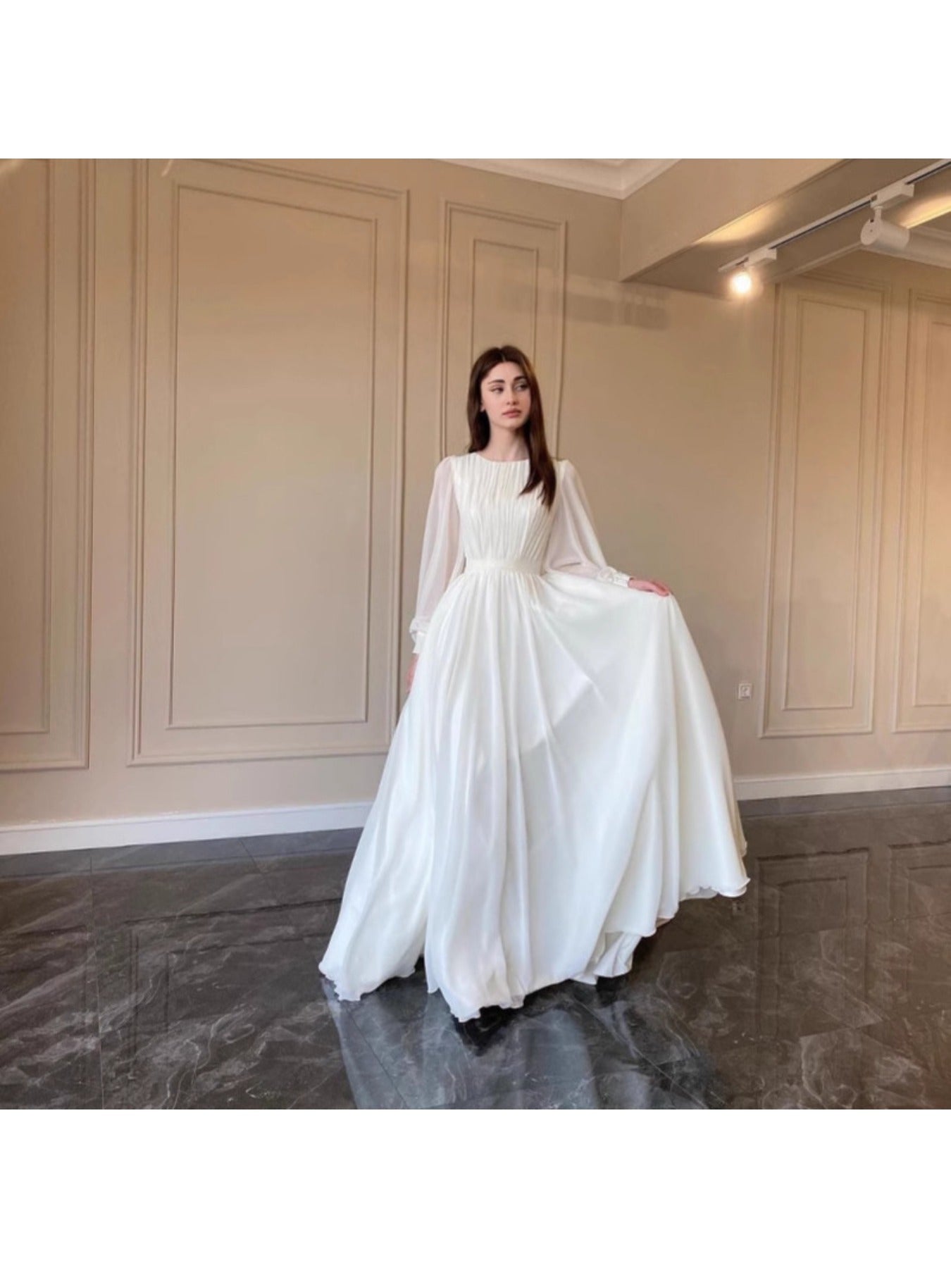 Elegant Wedding Dress Elegant White Satin Wedding Dress with Beaded Detail | Lantern Sleeves, Round Neck, Flowing Train - Perfect for Weddings and Formal Events, Wedding Dresses for Bride