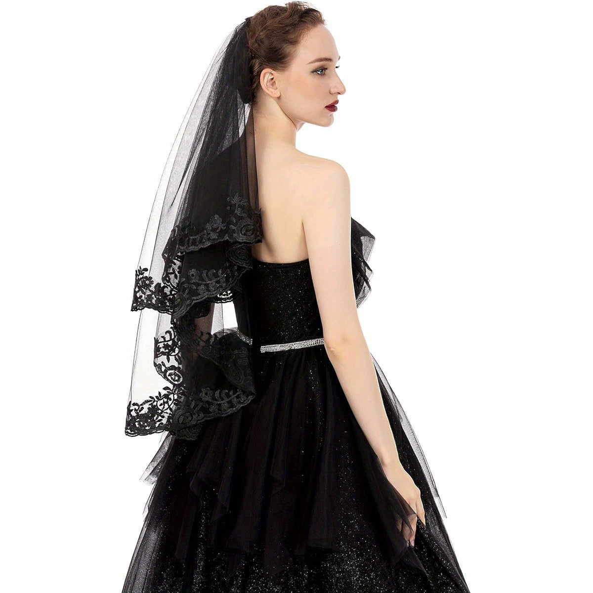 PAMOR Black Lace Cathedral Tulle Veil with Hand- Sewn Metal Comb - Elegant Sheer Bridal Veil for Weddings, Halloween, and Formal Events, Polyester and Spandex Blend, Wedding Veil | Elegant Veil | Intricate Lace Detailing, Wedding Dresses for Bride