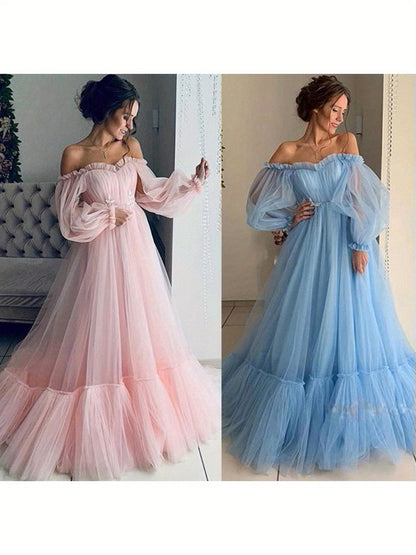 2025 New European and American Style Women's Fashion Off-Shoulder Mesh Long Sleeve Wedding Dress with Large Hem New Style