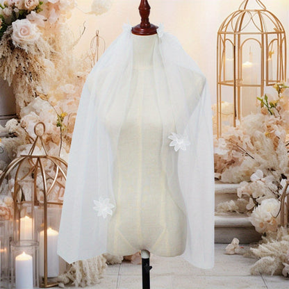 Elegant White Tulle Bridal Veil for Women - V-Neck with Floral Applique, Long Sleeve, Perfect for Weddings and Formal Events, Wedding Dress Accessory, Sophisticated Craftsmanship