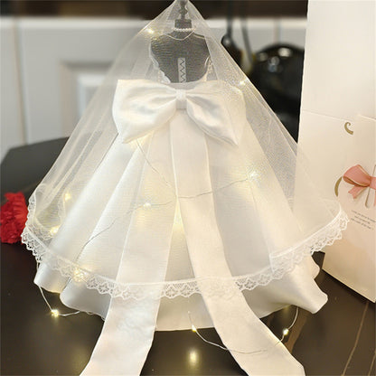 Wedding White Satin Dress Model with Veil and Pearl Necklace and Greeting Card Rhinestone Decor Clothes
