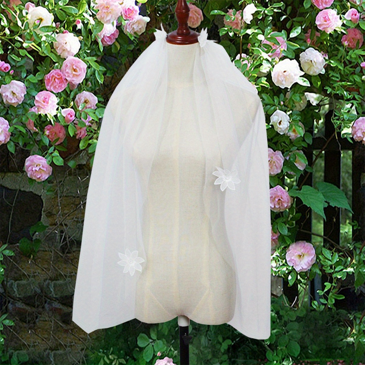 Elegant White Tulle Bridal Veil for Women - V-Neck with Floral Applique, Long Sleeve, Perfect for Weddings and Formal Events, Wedding Dress Accessory, Sophisticated Craftsmanship