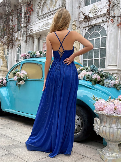 Elegant Royal Blue V-Neck Evening Gown with Spaghetti Straps - Fine Glitter A-Line Dress, High Slit & Lace Zipper Back, Mid-Stretch Knit for Weddings, Proms, Parties & Galas, Dresses Elegant Formal