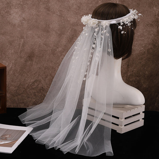 Elegant Korean-Inspired Handmade Beaded Floral Headscarf - Sheer Lace Bridal Veil with Intricate Beads, Perfect for Weddings, Outdoor Ceremonies & Photo Shoots, Wedding Dresses for Bride